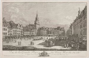Dresdenin Altmarkt Schlossstraßelta nähtynä, lehti sarjasta "Dresdenin vedutat" tekijältä Bernardo Bellotto