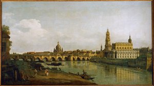 Dresden, Saksa, Elben oikealta rannalta, Augustuksen sillan alapuolelta (öljy kankaalle). tekijältä Bernardo Bellotto
