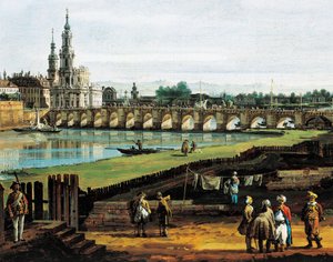 Dresden Elben oikealta rannalta Augustuksen sillalta ylävirtaan, noin 1750, Bernardo Bellotto, tunnettu Canalettona (1721-1780), öljy kankaalle, 50x84 cm, Yksityiskohta tekijältä Bernardo Bellotto