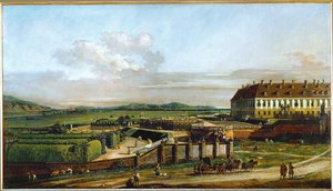 Savoijin prinssi Eugenin rakentama Schlosshofin linna, Itävalta, pohjoisesta katsottuna (öljy kankaalle). tekijältä Bernardo Bellotto