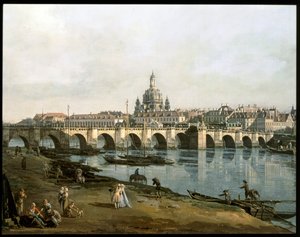 Näkymä Dresdeniin Elbe-joen oikealta puolelta, Augustusbruecken alapuolelta ... (maalaus kankaalle) tekijältä Bernardo Bellotto