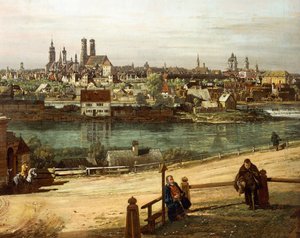 Näkymä Müncheniin Haidhausenista, Isar-joki keskellä, yksityiskohta tekijältä Bernardo Bellotto