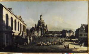 ""Näkymä Dresdenin uudelle kauppatorille"" (Neumarkt Dresdenissä) Näemme Neitsyt Marian (Notre-Dame) kirkon (Frauenkirche) Bernardo Bellotton (1720-1780) maalaus 1747 Koko 134x236 cm Museo "Eremitaasi, Pietari (Pietari) tekijältä Bernardo Bellotto