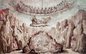 Projekti välivaiheen, Le Tromphe de Circen, sisustukseen ja koneistoon. Piirustus Bernardo Buontalenti dit delle Girandole (n. 1523-1608) Su. 0,46x0,72 m. Pariisi, Louvre-museo