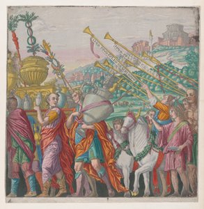 Arkki 4: Miehet kantamassa palkintoja vasemmalla, trumpetistit oikealla, Julius Ca...n voitosta, 1599.
