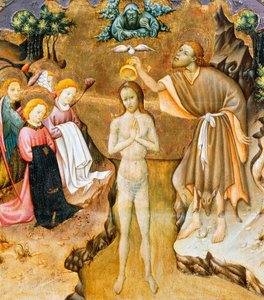 Kristuksen kaste, yksityiskohta Vicin katedraalin alttaritaulun predellasta, Bernat Martorell (n. 1400-1452), maalattu puulle. Katalonian goottilainen taide.