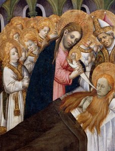 Maria Magdaleenan kuolema, yksityiskohta Bernat Martorellin (n. 1400-1452) alttaritaulusta Pyhä Maria Magdaleena (1437-1452), maalattu puulle. Katalonialaista goottilaista taidetta.