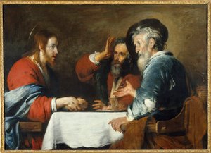 Kristuksella on Emmaus Kristus ilmestyy pyhiinvaeltajille, jotka istuvat pöydässä emmauslaisen majatalon ääressä. Bernardo Strozzin (1581-1644) maalaus 1640 Su. 1,24 x 1,72 m Grenoble, Musee des Beaux Arts tekijältä Bernardo Strozzi