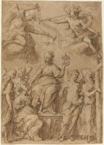 Ecclesia, jota ympäröivät enkelit, jotka pitävät kädessään passion soittimia tekijältä Bernardo Strozzi
