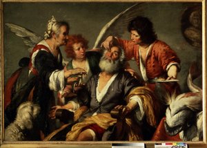 Tobitin paraneminen. Arkkienkeli Rafaelin neuvosta nuori Tobias käyttää kalan sappia palauttaakseen näön isälleen Tobiakselle. Bernardo Strozzin (1581-1644) maalaus. Öljy kankaalle