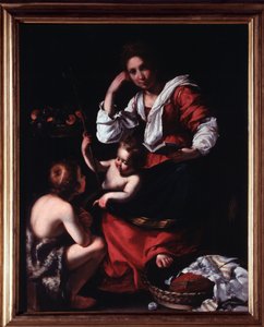Pyhän perheen esitys Pyhän Johannes Kastajan lapsen kanssa (Pyhä perhe Pyhän Johannes Kastajan kanssa) Bernardo Strozzin (1581-1644) maalaus Genes, Musei di Strada Nuova (ex Palazzo Rosso) Italia tekijältä Bernardo Strozzi