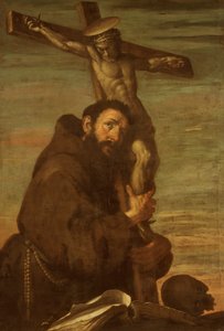 Pyhä Franciscus Assisilainen syleilee krusifiksia, 1600-1640. tekijältä Bernardo Strozzi