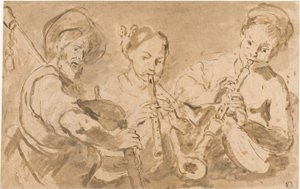 Kolme muusikkoa soittaa torvia ja piippua tekijältä Bernardo Strozzi