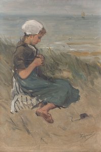 Tyttö Knitting in the Dunes