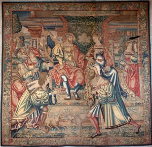 Oidipuksen kierto: Oidipus ja Jocasta - Vasemmalla Oidipus kuvaa sfinksin arvoitusta, keskellä Oidipus istuu valtaistuimella kuningatar Jocastan vieressä, hänen äitinsä - Tapestry