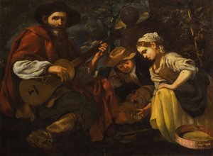 Kitaransoittaja ja poika ja tyttö (Allegory of Hearing and Taste) (Kuulon ja maun allegoria) tekijältä Bernhard Keil
