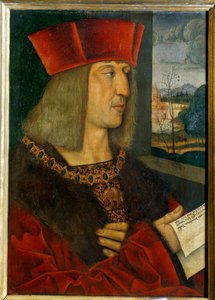 Keisari Maximilian I:n (1459-1519) muotokuva Bernard Strigelin (1460-1528) maalaus 1400-luvulta. Koko 0,38 x 0,28 m