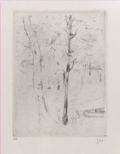 Maisema Puunrunkoja lähellä jokea, 1888. tekijältä Berthe Morisot