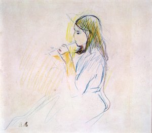 Manetin tytär soittamassa soitinta (värikynä paperilla) tekijältä Berthe Morisot