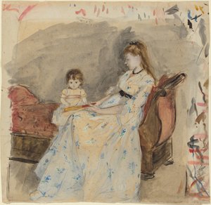 Taiteilijasisar Edma tyttärensä Jeannen kanssa, 1872 (wc grafiitin päällä paperille) tekijältä Berthe Morisot