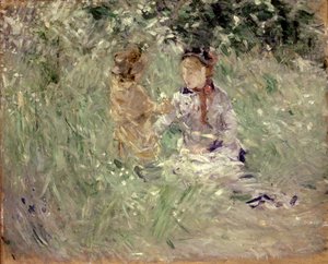 Nainen ja lapsi niityllä Bougivalissa tekijältä Berthe Morisot