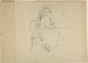 Nuori tyttö istuu pöydän ääressä tekijältä Berthe Morisot