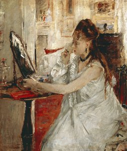 Nuori nainen puuterimassa kasvojaan (öljy kankaalle tekijältä Berthe Morisot