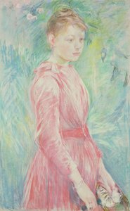 Nuori tyttö vaaleanpunaisessa puvussa (pastelli paperille) tekijältä Berthe Morisot