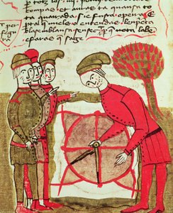 Ms 327 fol.216v Maanmittaajat, jotka työskentelevät suunnitelman ja kompassien kanssa, Arnaud de Villeneuven (1240-1312) Traite dArpentagesta