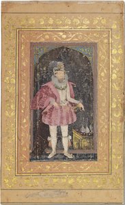 Harvinainen Mughal-muotokuva James I:stä, n. 1615-1618 (läpinäkymättömät pigmentit kullalla korostettuina paperilla) tekijältä Bichitr Bichitr