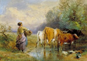 "Tyttö ajamassa karjaa puron poikki", 1800-luku.
