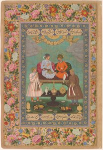 Jahangir viihdyttää Shah Abbasia Pietarin albumista, noin 1620 (akvarelli, kulta, muste paperille). tekijältä Bishandas