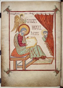 Cotton Nero D. IV, f.25v St. Matthew, kirjoittaa, hänen symbolinsa, Lindisfarnen evankeliumeista, 710-721 (vellum) tekijältä Bishop of Lindisfarne Eadfrith