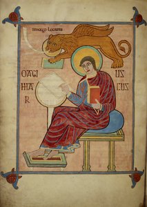 St. Mark, Lindisfarnen evankeliumeista, 710-21 (vellum) tekijältä Bishop of Lindisfarne Eadfrith