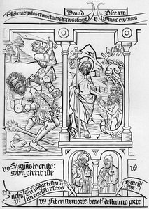 Fragmenttifaksimile Köyhien Raamatun sivulta 28, 1849. tekijältä Bisson and Cottard