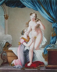 Nainen nousemassa kylpyltään palvelijattaren avustamana, n. 1820 (värikaiverrus) tekijältä Blaizot (after)