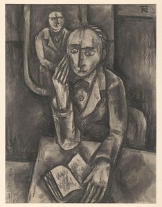 Mies istuu pöydän ääressä avoimen kirjan kanssa tekijältä Bob Hanf (signed by artist)