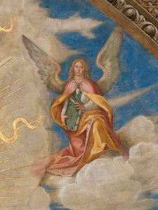 Apse, Catino Apse, Boccaccio Boccaccino, Pantokraattori pyhien joukossa Marcellino, Imerio, Omobono, Peter Exorcist, Yksityiskohta Enkeli oikealla tekijältä Boccaccio Boccaccino