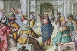 Jeesus kirjanoppineiden joukossa tekijältä Boccaccio Boccaccino