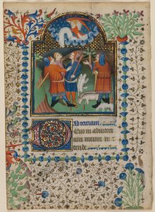 Lehti tuntikirjasta: Ilmoitus paimenille recto ja Text verso, n. 1410-20. tekijältä Boethius Illuminator