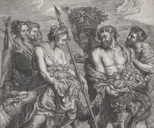 Diana palaa takaa-ajoa koirien ja nymfiensä seurassa vasemmalla, kaksi istui..., n. 1640-59.