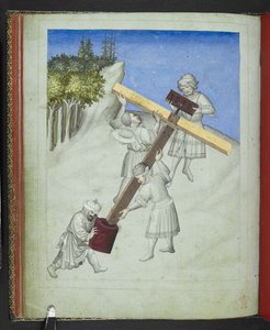 Lisää 24189, f.11v, Kristuksen ristin kokoonpano, neljästä eri puulajista, kuvattuna eri väreillä, "Sir John Mandevillen matkojen kuvakirjasta", n. 1410 (vellum) tekijältä Bohemian School