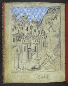 Lisää 24189. f.16v, Simson kantamassa Gazan portteja, panssaroituja sotilaita katsellen kaupungin muureilta ja ikkunasta Delilah, "Sir John Mandevillen matkojen kuvakirjasta", n. 1410 (vellum) tekijältä Bohemian School