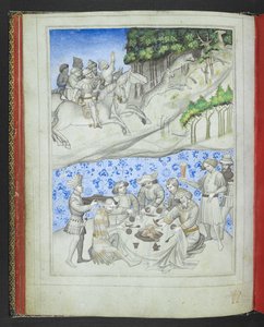 Lisää 24189, f.5v, Virkistys Kyproksella, ylhäällä peuranmetsästys leopardeilla ja alla juhla, Sir John Mandevillen matkojen kuvakirjasta, n. 1410 (vellum) tekijältä Bohemian School