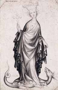 Pyhä Margareta Antiokilainen (kuoli noin 305) (Pyhä Margareta) (hän ​​pitää krusifiksia ja tallaa lohikäärmeen) - Böömiläisen mestarin työ (toimii 1410-1420), kynä ja sivellin paperille (21,4x14 cm), noin 1410 - Szepmuveszeti Muzeum, Budapest (Unkari) tekijältä Bohemian School