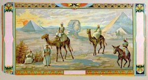 Sfinksi ja pyramidit, etiketti fez-laatikosta, n. 1910 tekijältä Bohemian School