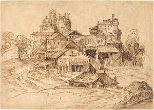 Näkymä italialaiseen kaupunkiin (Titianin tai Domenico Campagnolan jälkeen) tekijältä Bolognese 17th Century