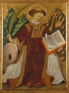 Saint Vincent Zaragozalainen (4. vuosisata) (Raamattua lukevan diakonin puvussa ja kädessään marttyyrien kämmenellä, lähellä hänen kidutuksensa myllykiveä) - Bonanat Zaortigan maalaus (aktiivinen 1400-luku), tempera puulle (80,2x61) , 5 cm), noin 1430 - Sa