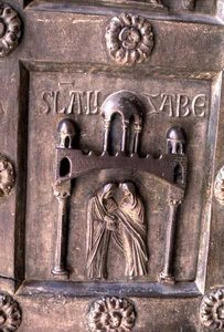 Porta di S. Ranieri -portin vierailua kuvaava paneeli. tekijältä Bonannus of Pisa