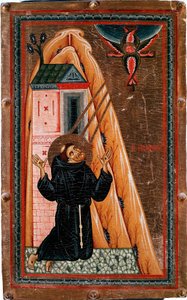 Pyhän Francois Assisilaisen elämä "" Pyhä Francois saa stigmoja"" Jeesus Kristus ristiinnaulittuna ilmestyy hänelle serafiinina. Maalaus puulle Bonaventura Berlinghieri (toiminut noin 1228-1274), Dim. 80x51 cm Galleria degli Uffizi (toimistot) Firenze tekijältä Bonaventura Berlinghieri